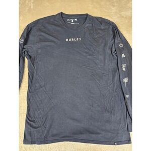 Hurley Mens Long Sleeve Graphic T-Shirt Black Cotton Logo Sleeve Print Size L